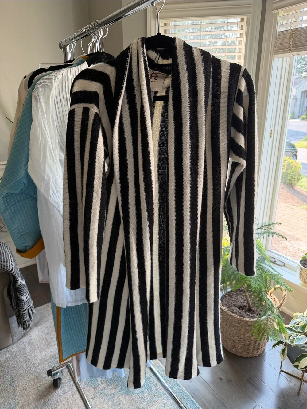 Striped Open-Front Long Cardigan Sweater — Black & Cream